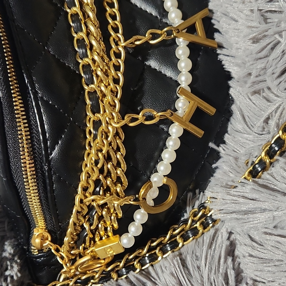 Black Quilted Crossbody with Gold Chains - Picture 2 of 7